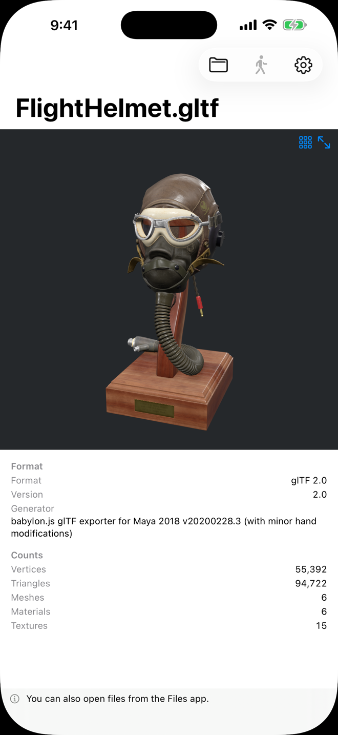 A 3D model of a flight helmet with its details on iPhone