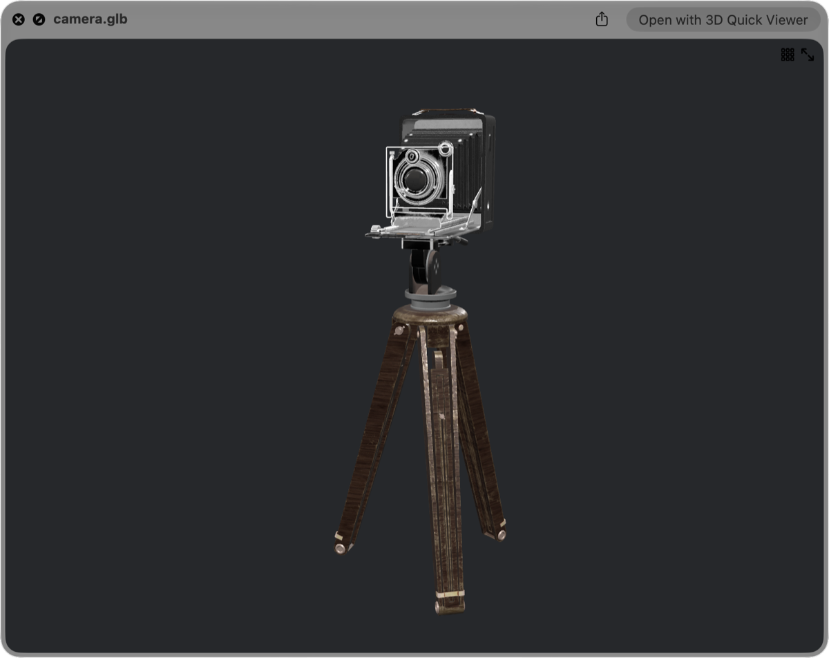A 3D model of a camera shown in Quick Look