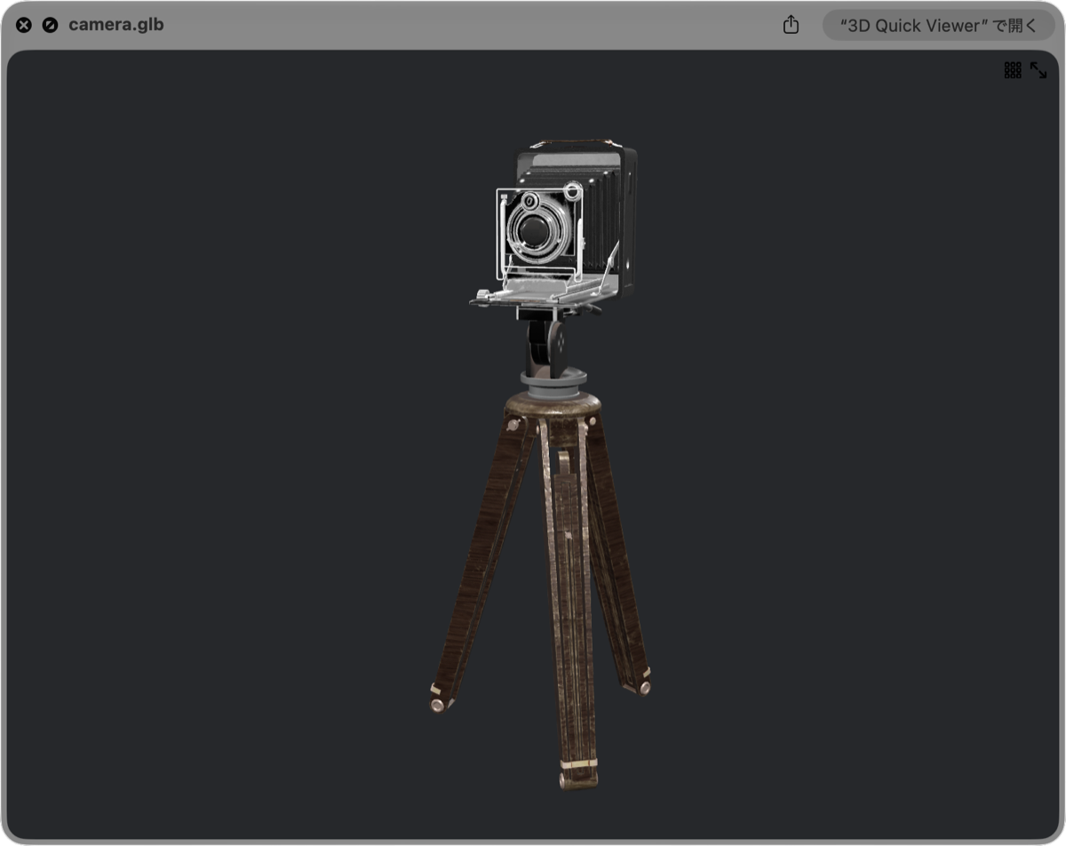 Quick Lookでカメラの3Dモデルを表示している画面